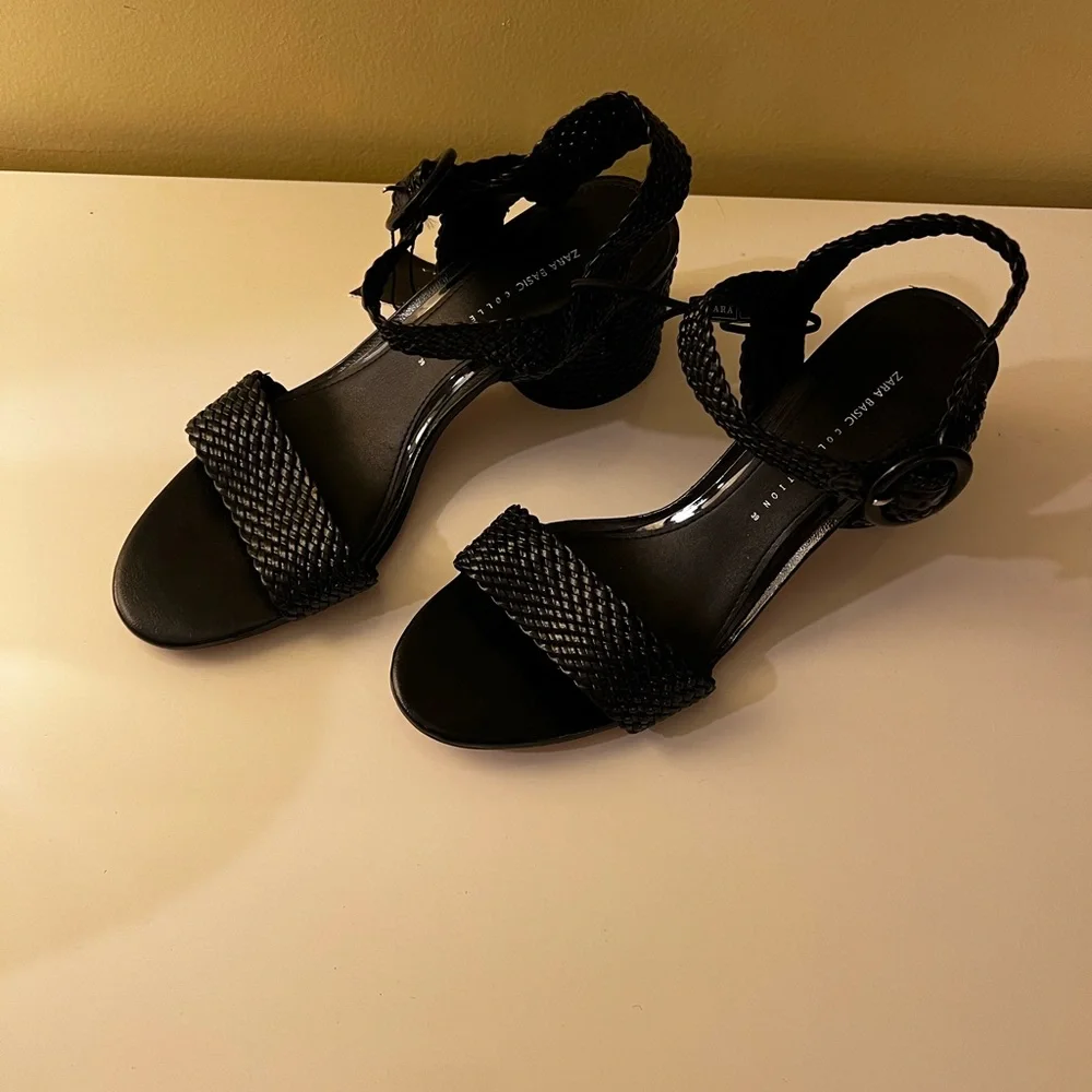 NWT Zara Black Woven Leather Women's Heeled Sandals - Picture 5 of 6